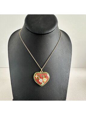1970s Cloisonne Puffy Heart Pendant Necklace Red Floral Gold Chain